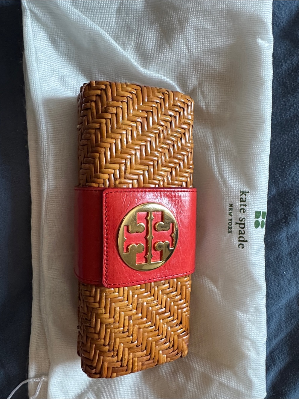 Tory Burch Woven Straw Clutch with Red Logo Strap
